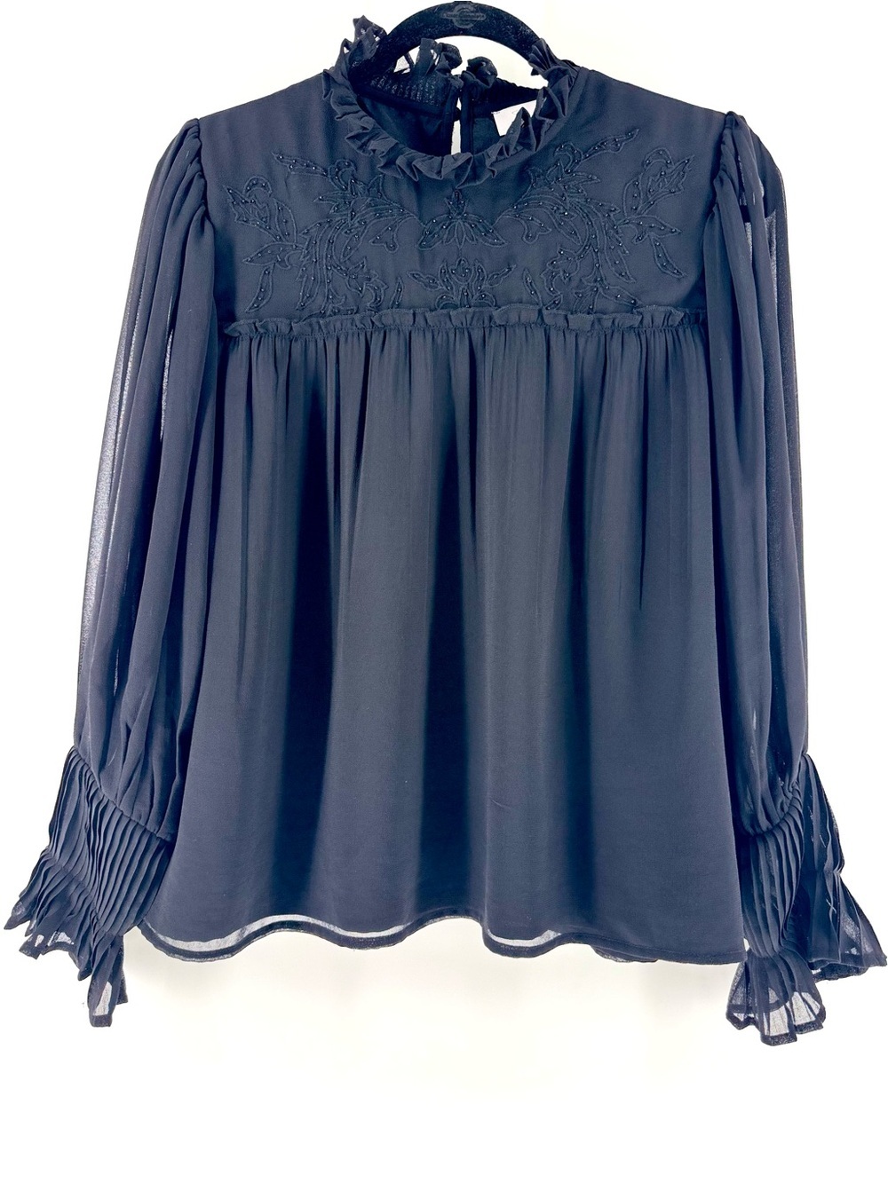 Topshop Black Embroidered Beaded Ruffle High Neck Blouse Chiffon Pleated sz8